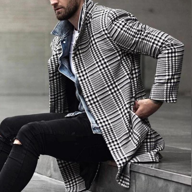 Mens Mid-Length Lapel Fashion Checked Coat 38372224Z