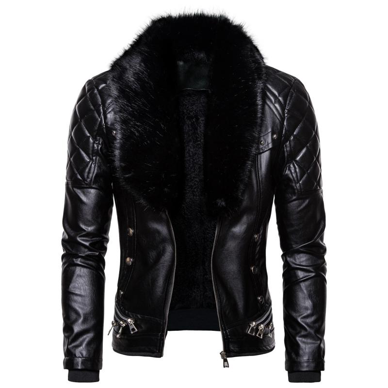Mens Vintage Fur Collar Zipper Panel Leather Jacket 84578852M